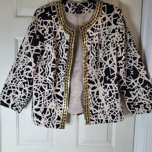 Carole Little Black & White Abstract Pattern Jacket with Gold Trim
